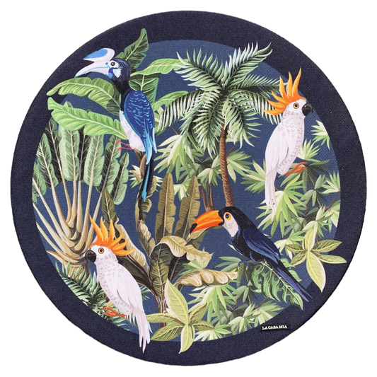 Funda para plato base “aves tropicales con marco azul”