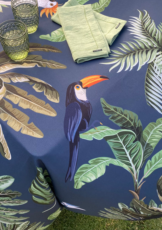Mantel “aves tropicales con marco azul”