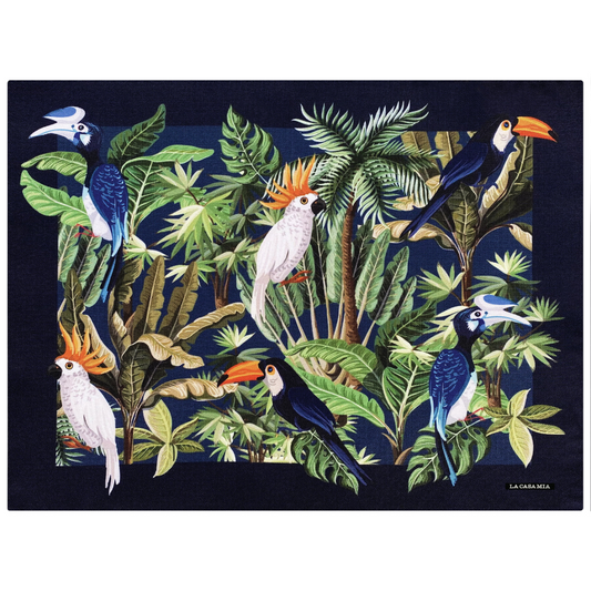 Mantel individual “aves tropicales con marco azul”