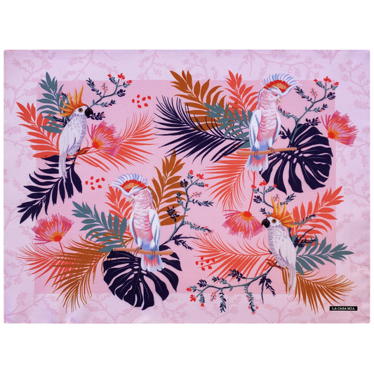 Mantel individual “aves tropicales con marco rosa”
